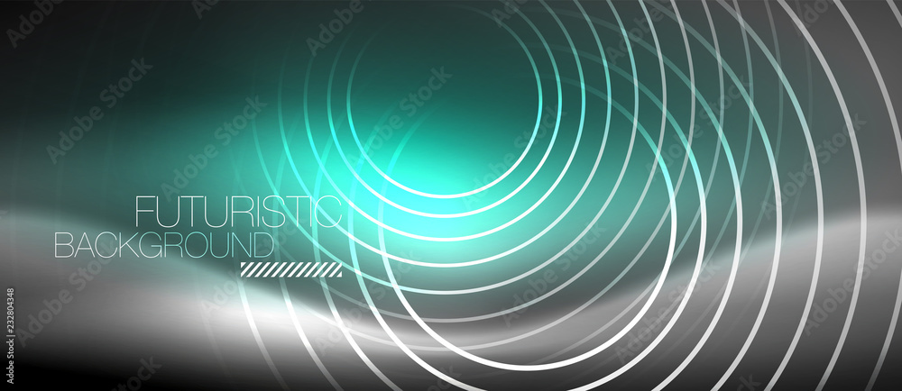 Neon circles abstract background, shiny lines