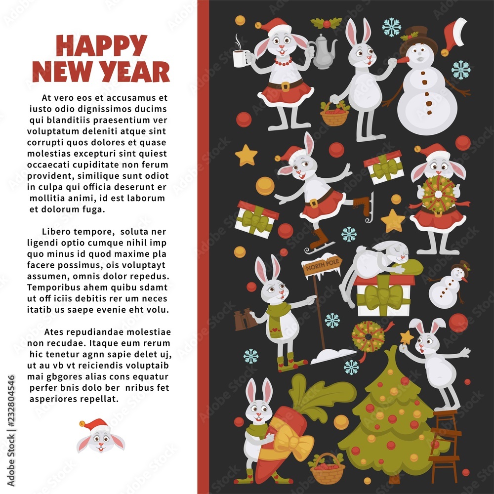 2019 New year celebration, bunny with snowman winter character vector.