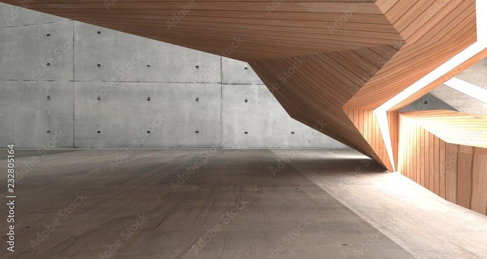 Obraz premium Abstract concrete and wood interior with neon lighting. 3D illustration and rendering.