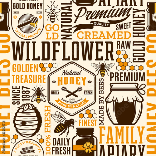 Honey seamless pattern  logo and icons