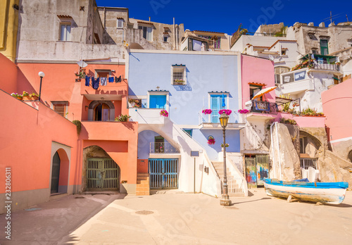 Procida island colorful small town street, Italy, retro toned photo