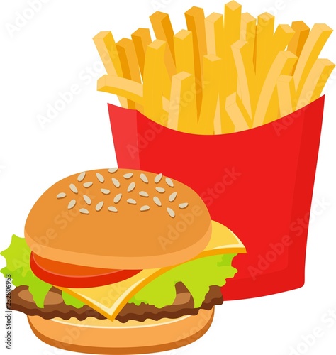 Fast food set hamburger and french fries on white background.