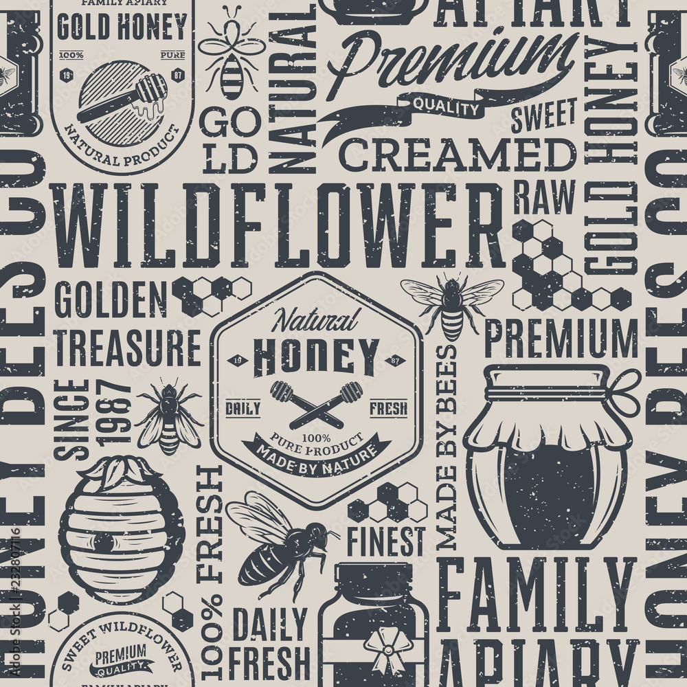 Obraz premium Retro styled honey seamless pattern, logo and icons