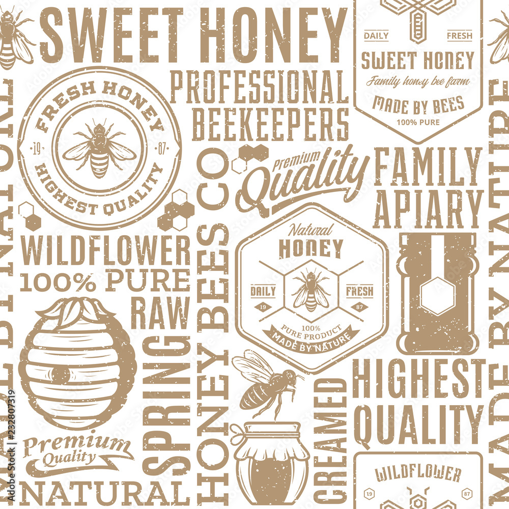 Retro styled honey seamless pattern, logo and icons