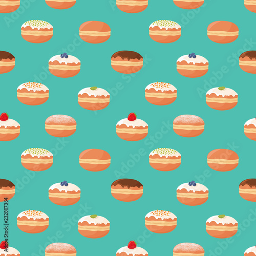 Seamless pattern with different kinds of donuts (doughnuts), powdered sugar topping, chocolate glazing, berry. Vector illustration.