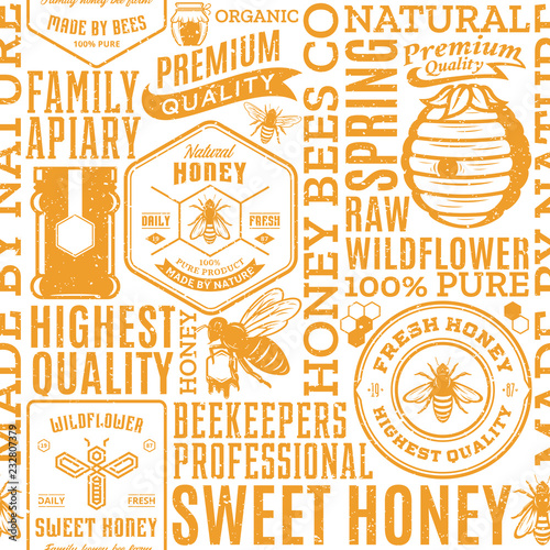 Retro styled honey seamless pattern, logo and icons