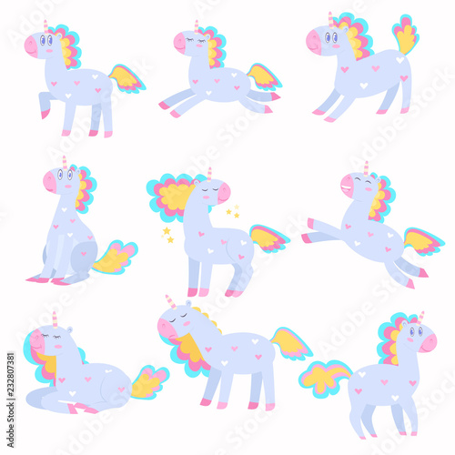 Set of cute unicorns playing, running with a beautiful multi-colored mane.