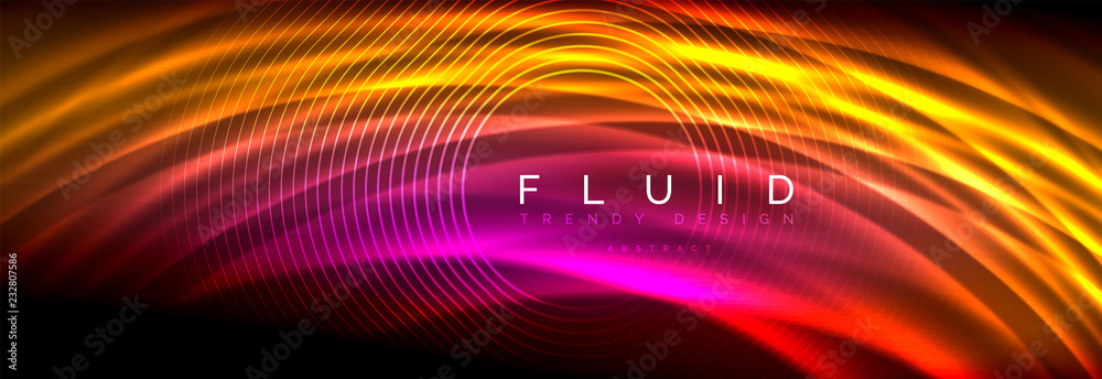 Neon glowing fluid wave lines, magic energy space light concept, abstract background wallpaper design Neon glowing fluid wave lines, magic energy space light concept, abstract background wallpaper design