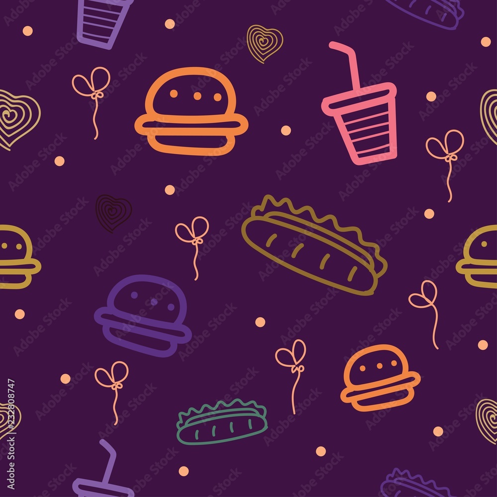 Abstract seamless pattern with fast food motifs, burgers, hot dogs, etc