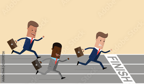 Businessmen running to finish on running track, business goal concept. Race. Businessmen running down the track. Vector illustration