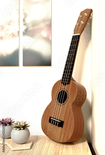 Musical Instrument, Ukulele on the Table, Interior Scene
