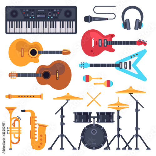 Music instruments. Orchestra drum, piano synthesizer and acoustic guitars. Jazz band musical instrument flat vector set photo