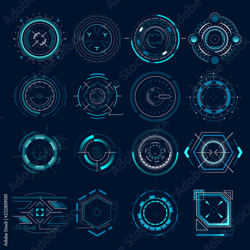 Futuristic optical aim. Military collimator sight, gun targets focus range indication. Sniper weapon target hud aiming vector icons set