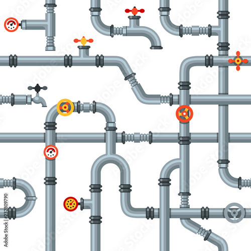 Industrial pipes seamless pattern. Pipe valves and taps, drain cooling or heating system pipelines gas pressure gauge vector concept