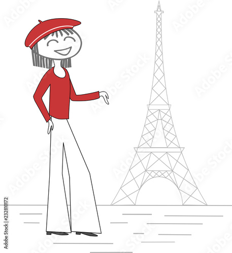 A young woman with a beret walks in the streets of Paris in front of the Eiffel Tower