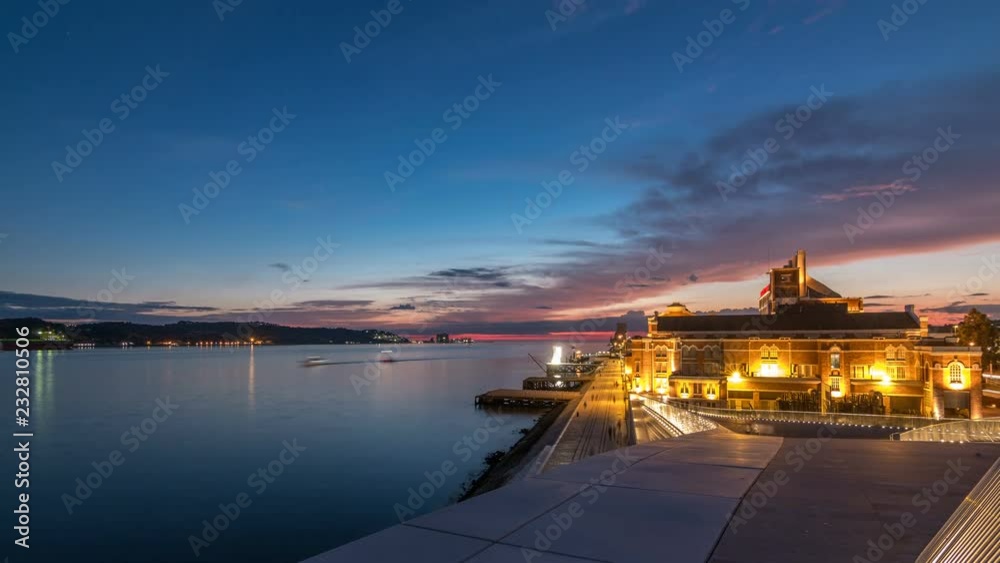 Elevated view of the Padrao dos Descobrimentos Monument to the Discoveries day to night timelapse famous monument in Lisbon