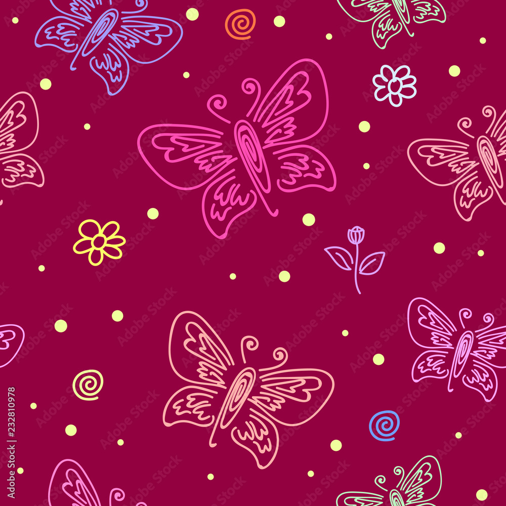 Abstract seamless pattern with insect motifs, beetles and butterflies