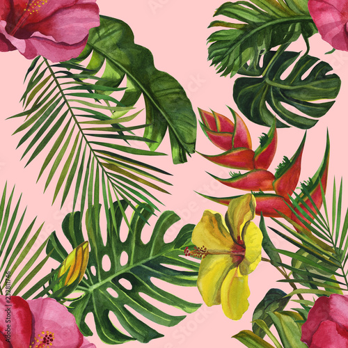 Watercolor tropical wildlife seamless pattern. Hand Drawn jungle nature  lemur  hibiscus flowers illustration