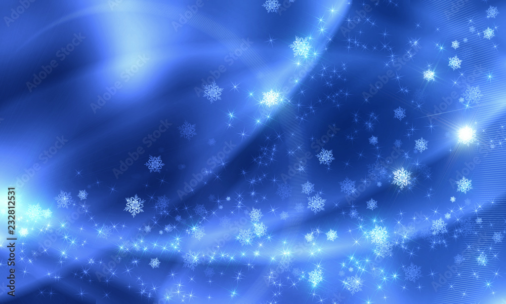 Obraz premium Festive christmas blue background with bokeh, glow, lights, snowflakes