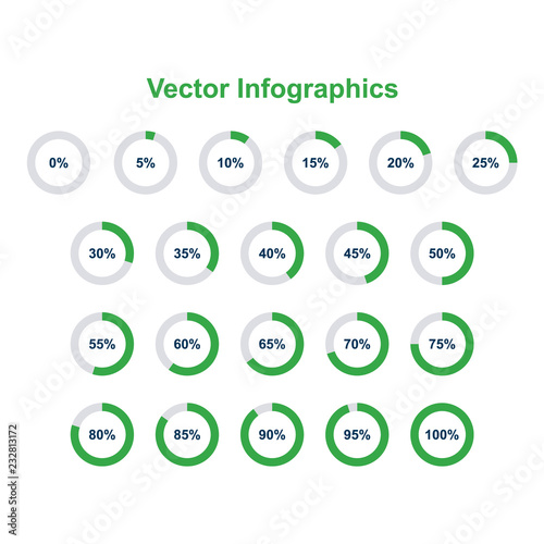 Set of pie chart infographic elements. 0, 5, 10, 15, 20, 25, 30, 35, 40, 45, 50, 55, 60, 65, 70, 75, 80, 85, 90, 95, 100 percent
