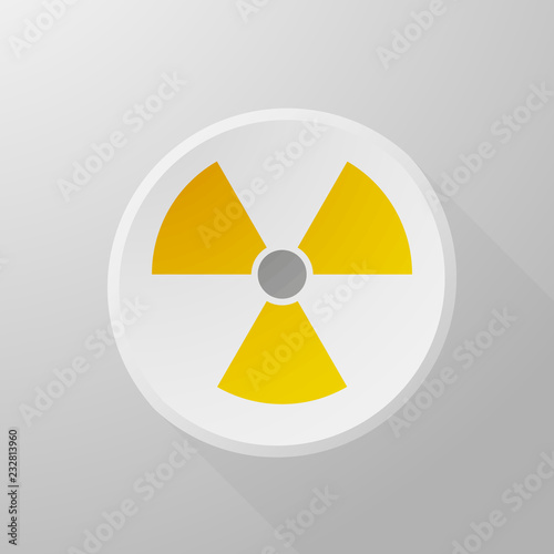 Orange radioactive symbol, icon isolated on white circle with long shadow. Vector illustration in flat design isolated on gray background with light from above.