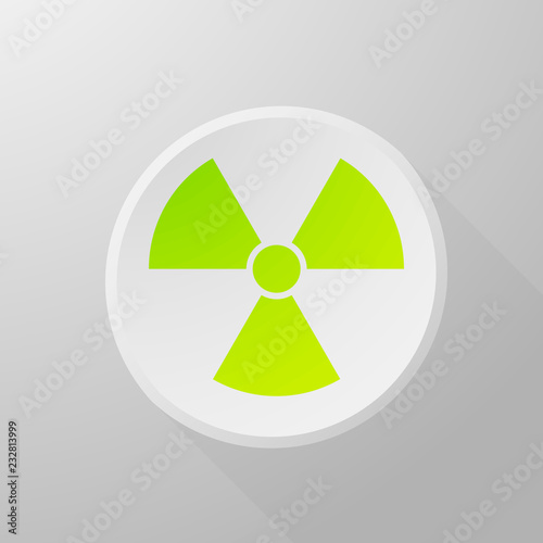 Green radioactive symbol, icon isolated on white circle with long shadow. Vector illustration in flat design isolated on gray background with light from above.