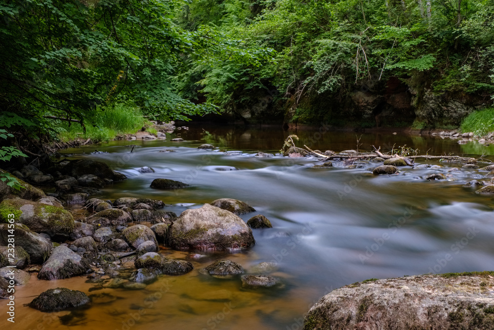 long exposure rocky mountain river in summer with high water stream level