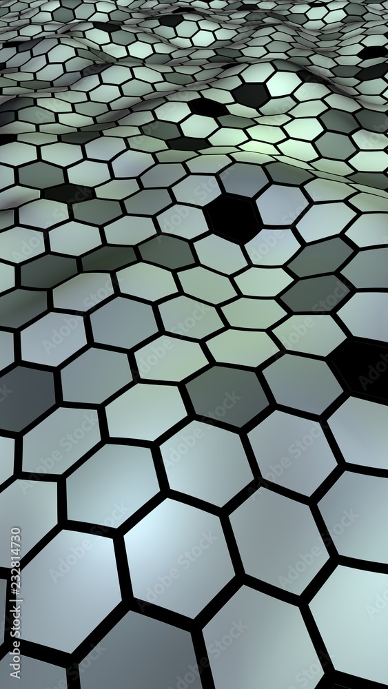 Honeycomb with a gradient color. Perspective view on polygon look like honeycomb. Wavy surface. Isometric geometry. 3D illustration Honeycomb with a gradient color. Perspective view on polygon look like honeycomb. Wavy surface. Isometric geometry. 3D illustration