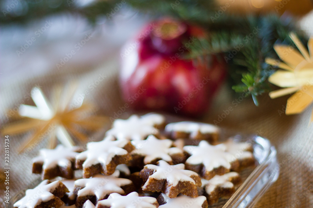 Typcial traditional German cinnamon stars biscuits for the Christmas holidays called Typcial traditional German cinnamon stars biscuits for the Christmas holidays called