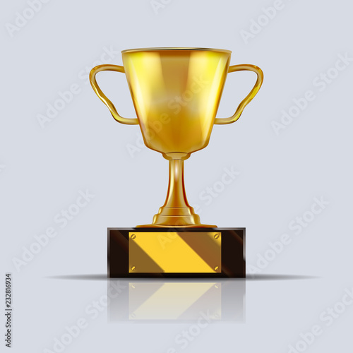 Golden realistic champion cup or trophy. 3d Vector illustration.