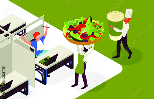 Food delivery to office - modern cartoon people characters illustration. Healthy eating in business lunch. Isometric flat design