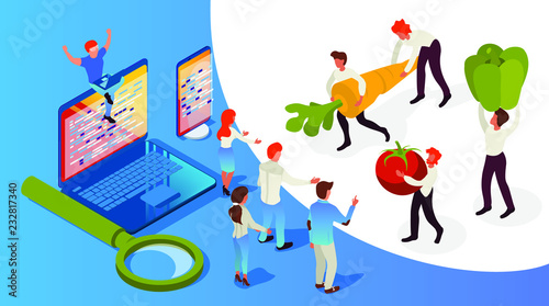 Food delivery to office - modern cartoon people characters illustration. Healthy eating in business lunch. Isometric flat design