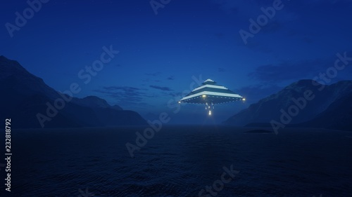3d render UFO in the shape of a pyramid over the sea and mountains © kolbass