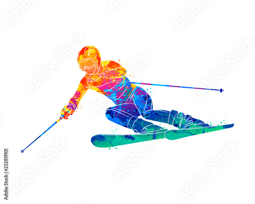 Abstract skiing. Descent giant slalom skier from splash of watercolors. Winter sports