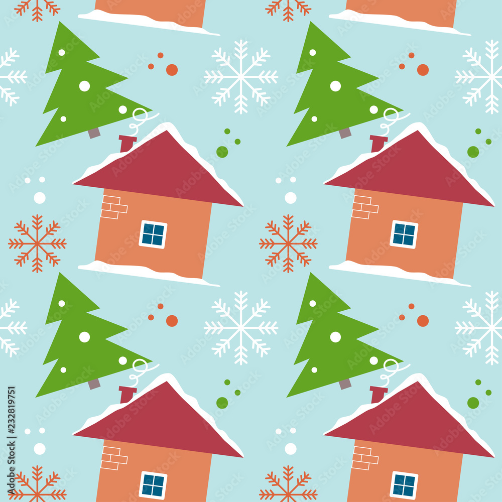 Christmas seamless pattern. Background with house, Christmas tree and snowflakes