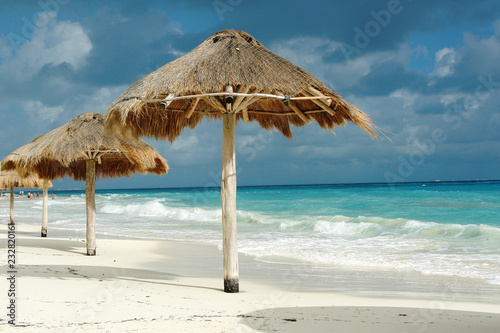 Palm umbrellas facing the coast