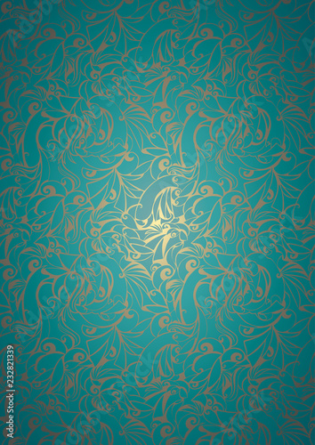 Vintage turquoise with gold background with floral elements and darkening to the edges in Gothic style. Royal texture, vector Eps 10