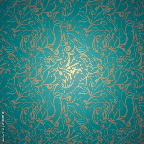 Vintage turquoise with gold background with floral elements and darkening to the edges in Gothic style. Royal texture, vector Eps 10