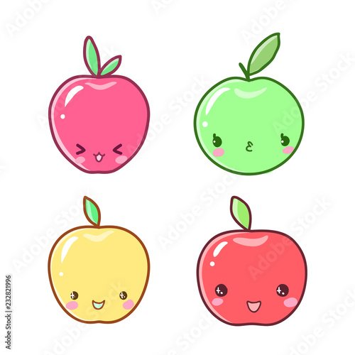 Cute vector illustration. Kawaii Anime apple fruit