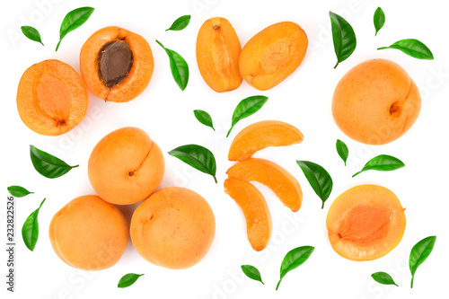 Apricot fruits isolated on white background. Top view. Flat lay pattern