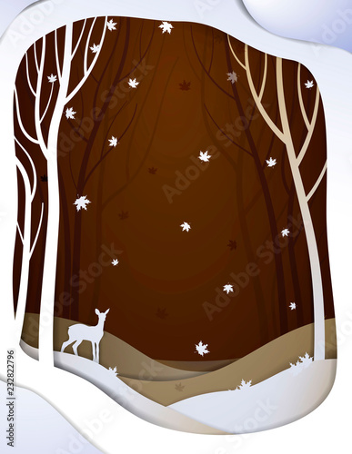 Paper autumn forest landscape with young deer, paper october fairy tale background with bambi,