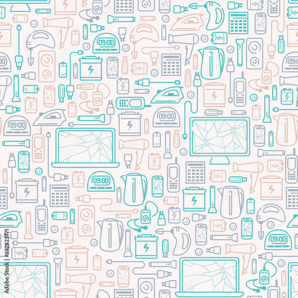 Seamless pattern with old appliances. E-waste elements. Line style vector illustration. Suitable for wallpaper or wrapping