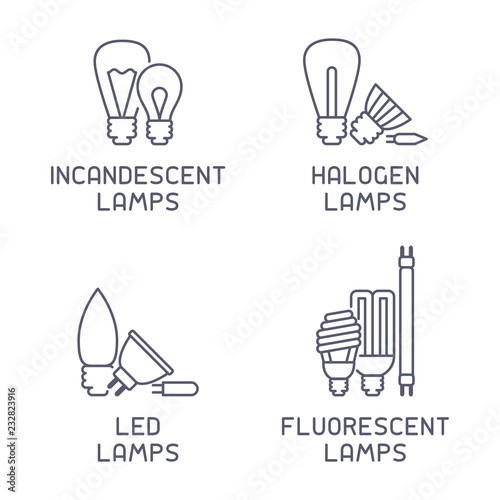 Different types of lamps with names. Line style vector illustration