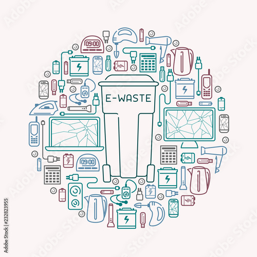 E-waste card with old appliances and dumpster. E-waste icons set. Line style vector illustration