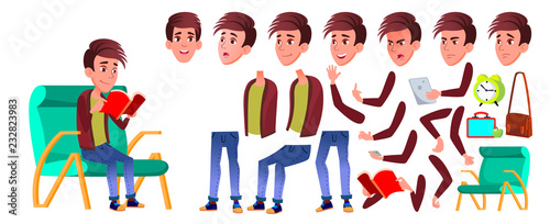 Boy Schoolboy Kid Vector. High School Child. Animation Creation Set. Face Emotions  Gestures. Schoolchild. September  Schoolchildren  Teen. For Banner  Flyer  Brochure Design. Animated. Illustration