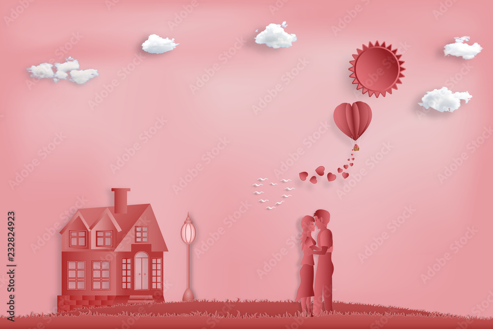 Paper art , cut and digital craft style of the lover with heart hot air balloon and sunny on pink sky background as romantic , married and honeymoon concept. vector illustration Paper art , cut and digital craft style of the lover with heart hot air balloon and sunny on pink sky background as romantic , married and honeymoon concept. vector illustration