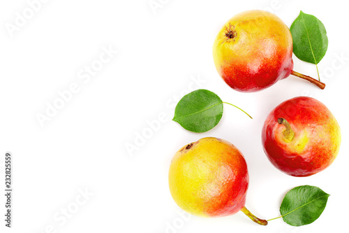 ripe red yellow pear fruits with leaf isolated on white background with copy space for your text. Top view. Flat lay pattern