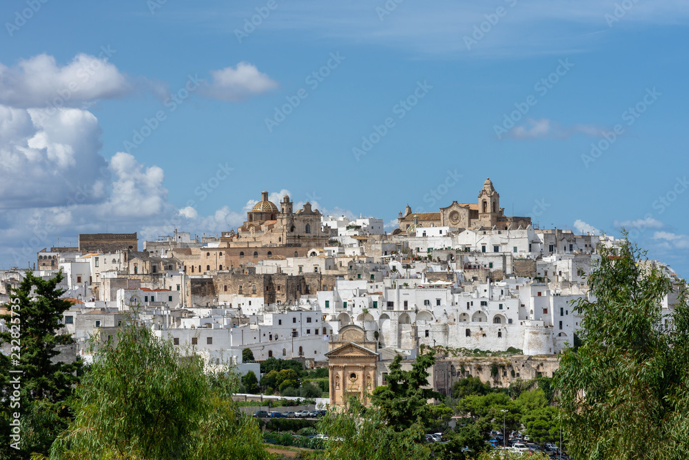 A cityscape of Ostuni, Italy on a summer day