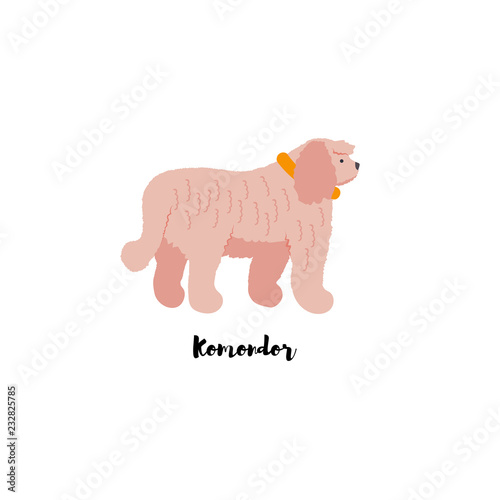 Vector illustration. Funny cartoon style icon of komondor with text for different design. Cute hungarian sheepdog.