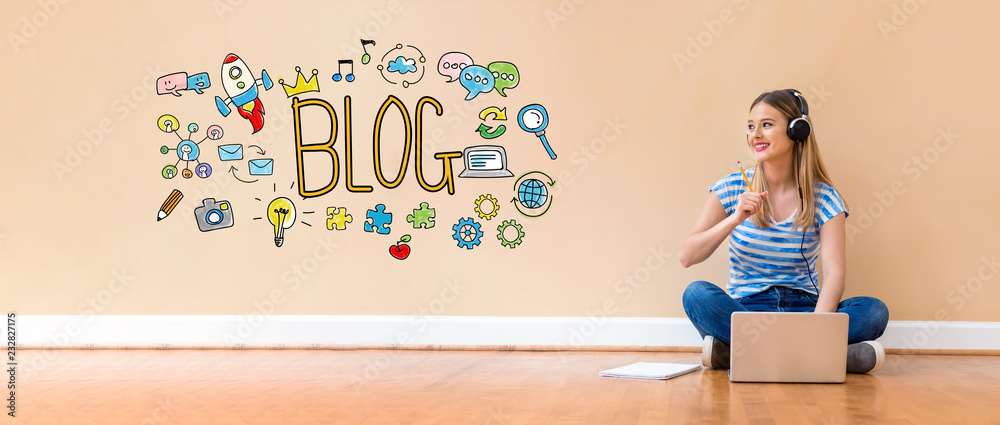 Blog with young woman with headphones using a laptop computer and a pencil Blog with young woman with headphones using a laptop computer and a pencil